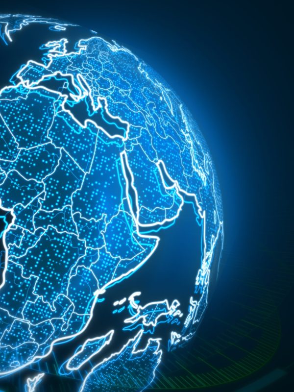 Creative glowing futuristic blue globe hologram on blurry backdrop. Digital innovation and technology concept. 3D Rendering
