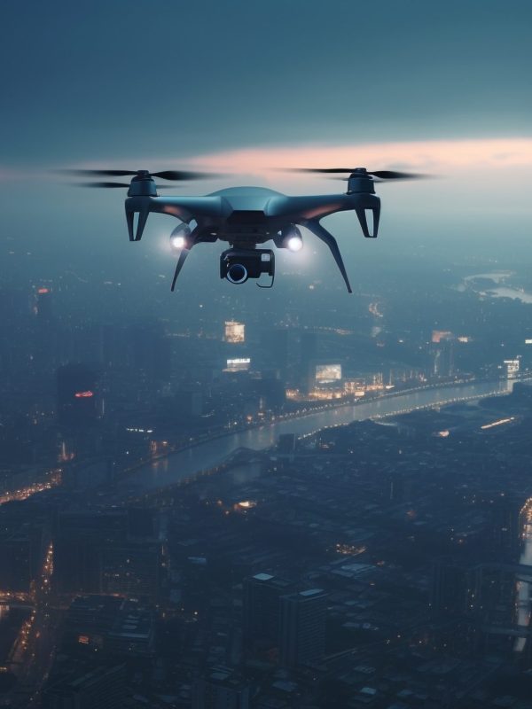 Futuristic drone hovers mid air, surveilling cityscape generated by artificial intelligence